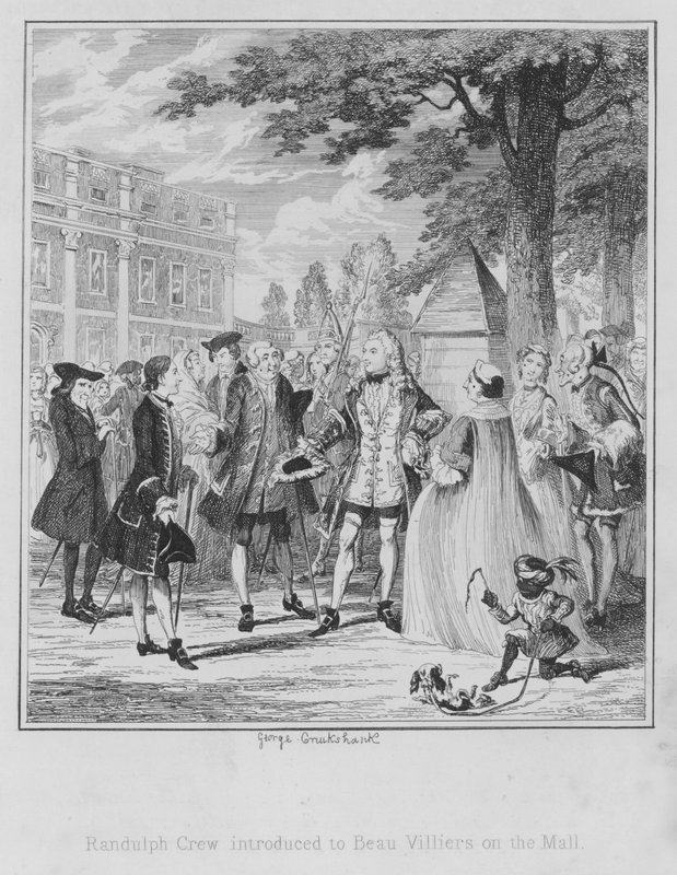 Randulph Crew introduceret til Beau Villiers on the Mall (gravering) af George (after) Cruikshank