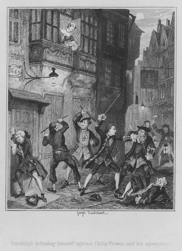 Randulph forsvarer sig mod Philip Frewin og hans myrmidoner (gravering) af George (after) Cruikshank