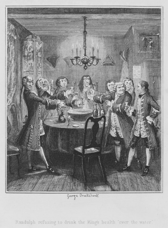Randulph nægter at drikke kongens helbred "over vandet" (gravering) af George (after) Cruikshank