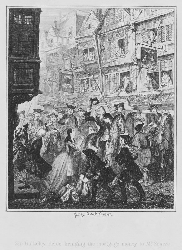 Sir Bulkeley Price bringer realkreditpengene til hr. Scarve (gravering) af George (after) Cruikshank