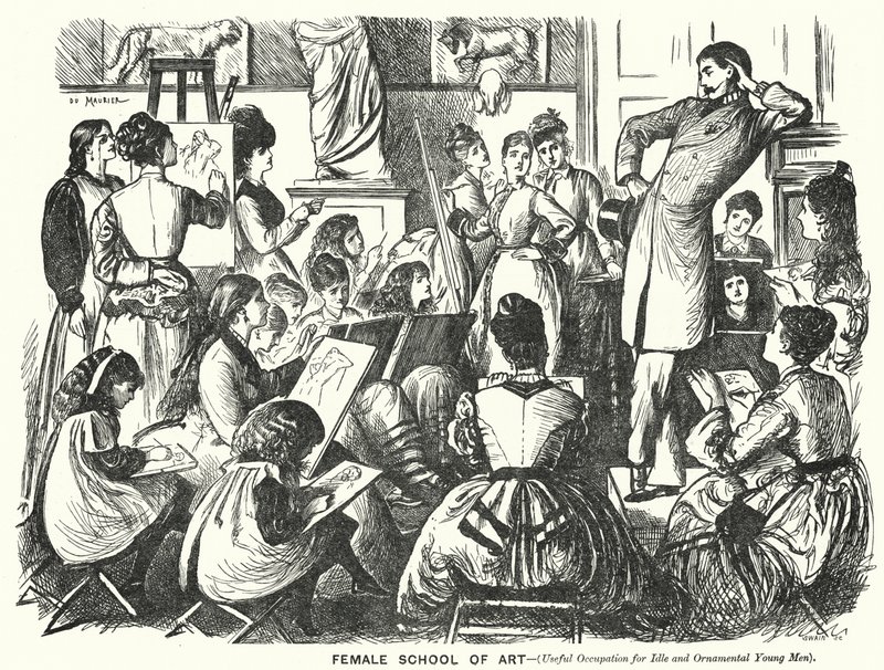 Punch tegneserie: Female School of Art (nyttig beskæftigelse for ledige og dekorative unge mænd) (gravering) af George (after) Du Maurier