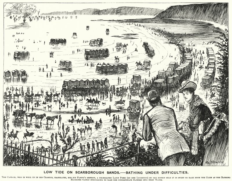 Punch tegneserie: Lavvande på Scarborough Sands - Badning under vanskeligheder (gravering) af George (after) Du Maurier