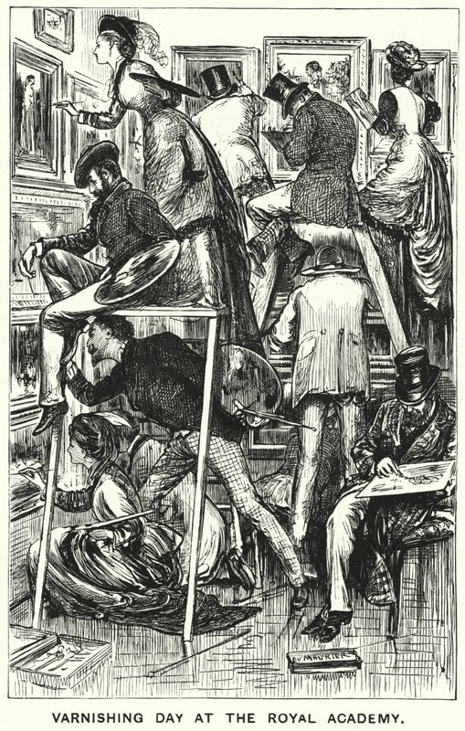Punch tegneserie: Varnishing Day at the Royal Academy (gravering) af George (after) Du Maurier