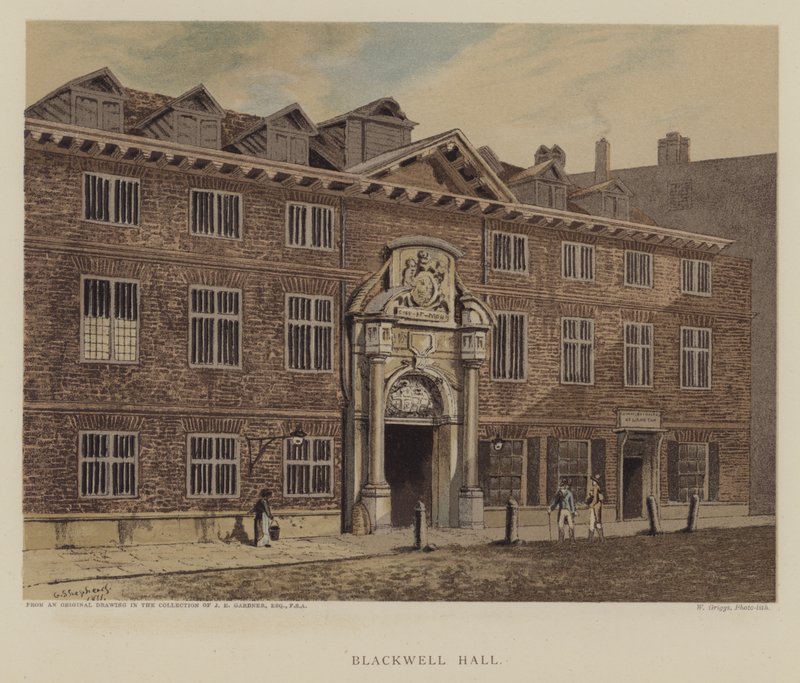 Blackwell Hall, City of London (farve litho) af George (after) Shepherd