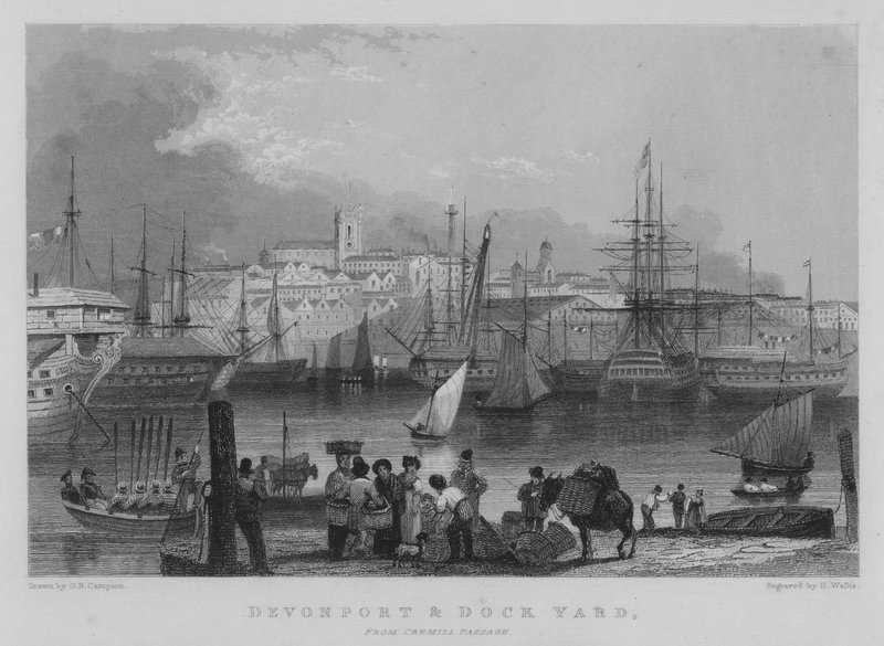 Devonport og Dockyard, fra Cremill Passage (gravering) af George Bryant Campion