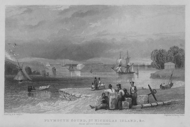Plymouth Sound, St Nicholas Island osv. fra Mount Edgecumbe (gravering) af George Bryant Campion
