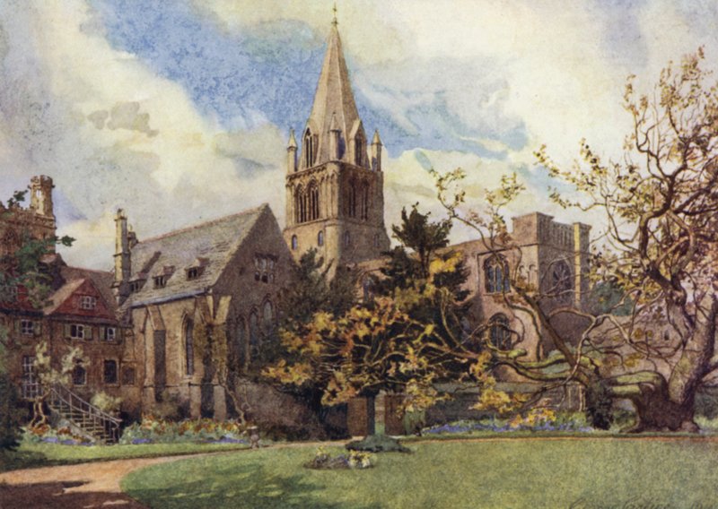 Oxford: Christ Church fra en af kanonens haver (farve litografi) af George Carline