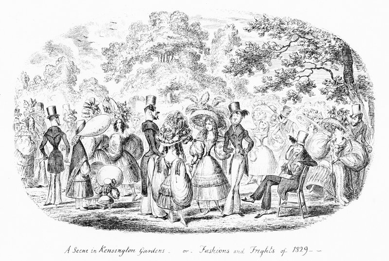 En scene i Kensington Gardens, eller Fashions and Frights fra 1829 (gravering) af George Cruikshank