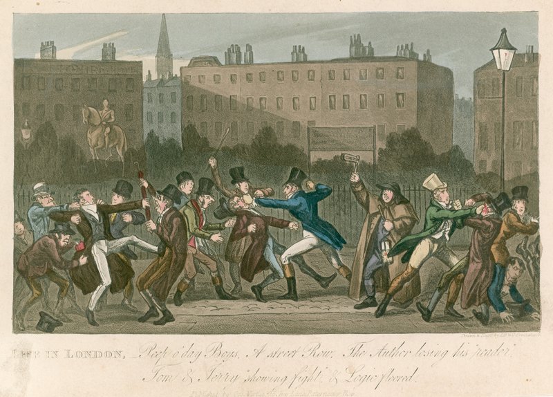En gaderække - Tom og Jerry viser kamp og logik i gulvet af George Cruikshank