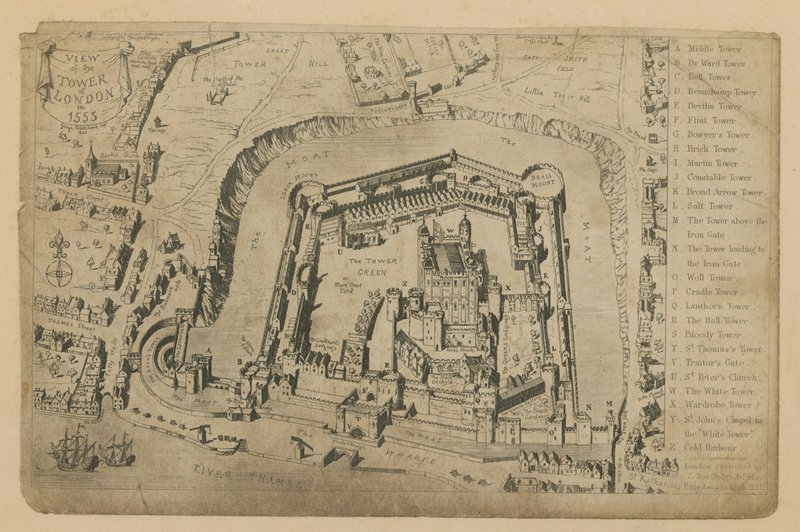 Udsigt over Tower of London i 1553 af George Cruikshank