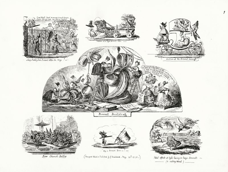 Tegnefilm af George Cruikshank med temaet overdimensionerede damehjelmer (gravering) af George Cruikshank