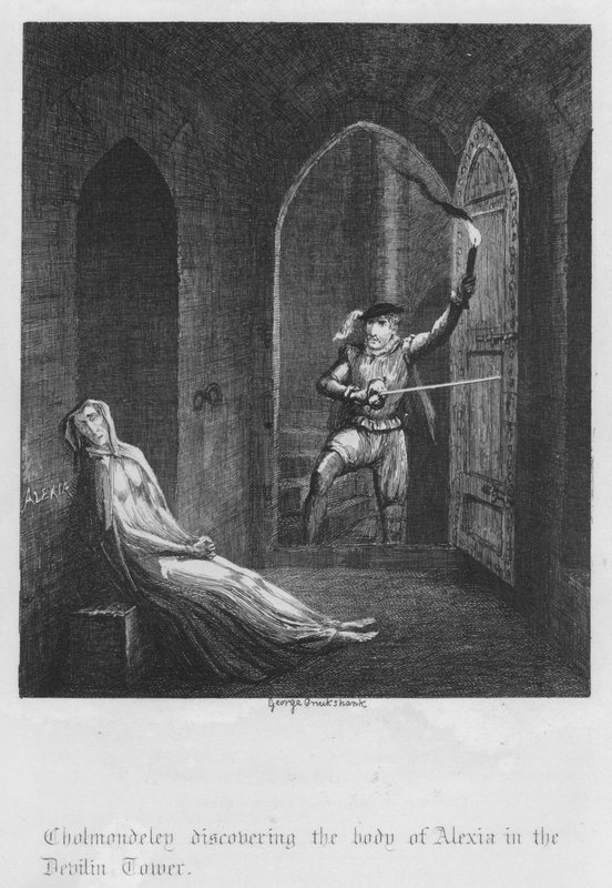 Cholmondeley opdager liget af Alexia i Devilin Tower (gravering) af George Cruikshank