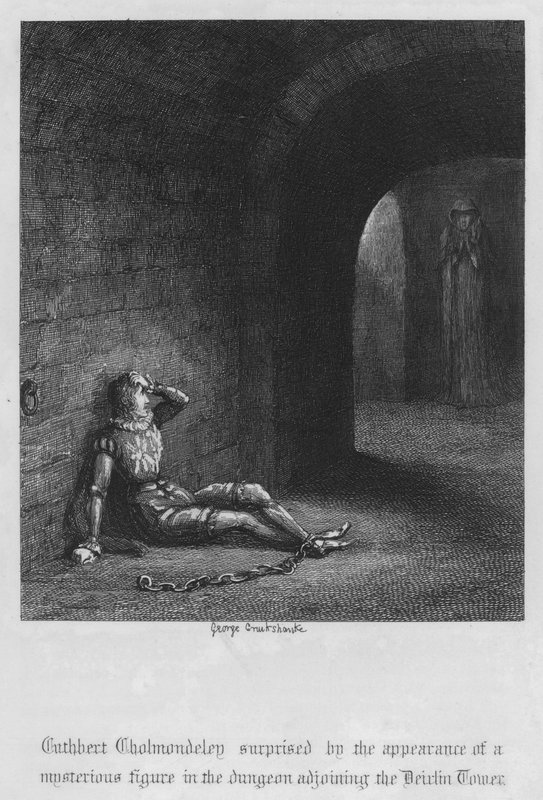 Cuthbert Cholmondeley overrasket over udseendet af en mystisk figur i fangehullet ved siden af Devilin Tower (gravering) af George Cruikshank