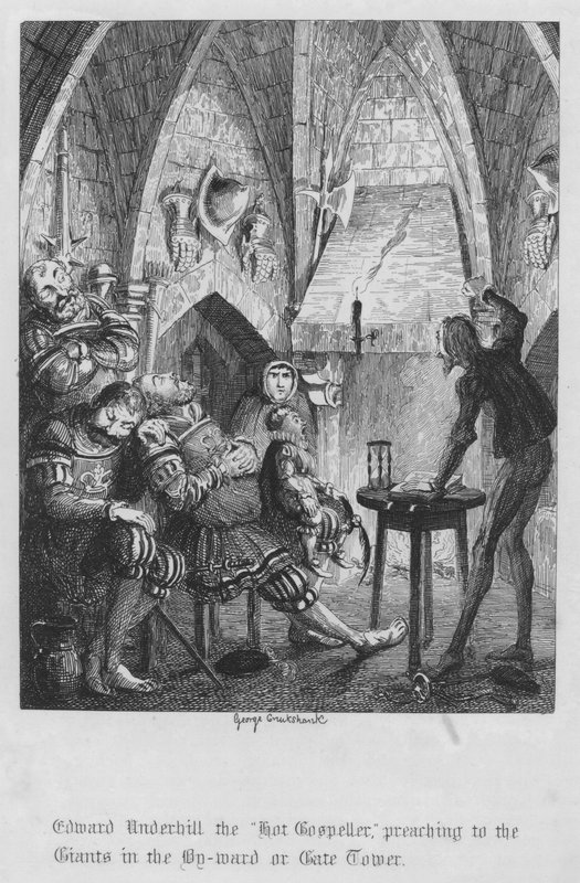 Edward Underhill den "Hot Gospeller", der prædiker for kæmperne i By-warden eller Gate Tower (gravering) af George Cruikshank