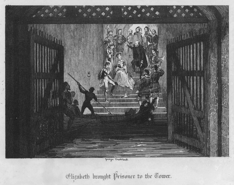 Elizabeth bragte fangen til tårnet (gravering) af George Cruikshank