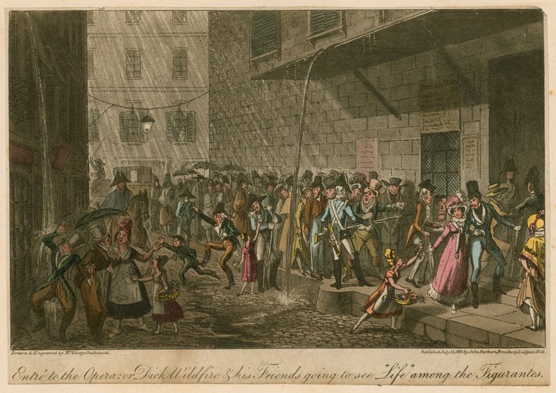 Entre to te Opera; eller: Dick Wildfire og hans venner på vej til Operaen for at se Life among the Figurantes af George Cruikshank