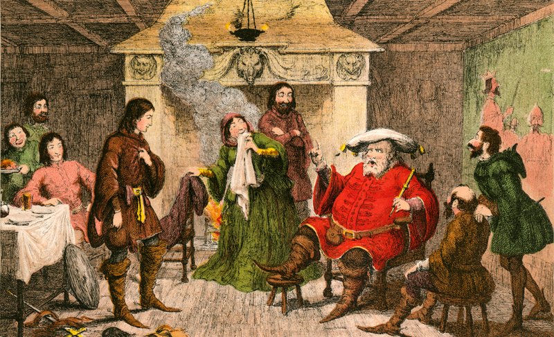 Falstaff opfører rollen som kongen af George Cruikshank