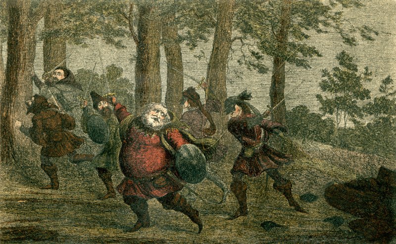 Falstaff sveder ihjel og sviner den magre jord, mens han går af George Cruikshank