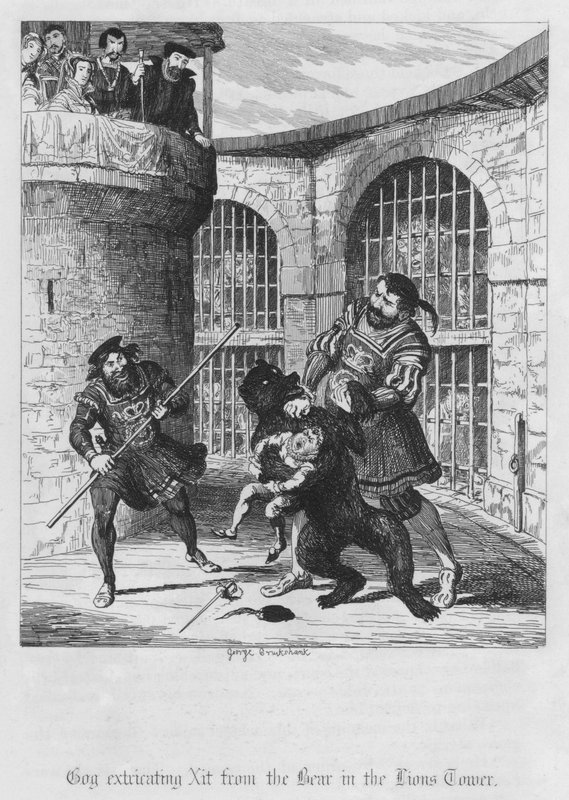 Gog udvinder Xit fra bjørnen i Lions Tower (gravering) af George Cruikshank