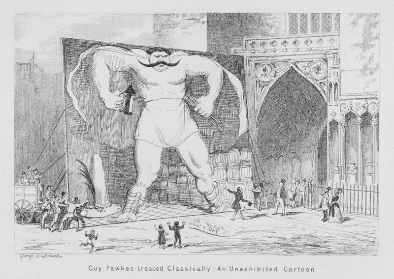 Guy Fawkes behandlet klassisk, En uudstillet tegneserie (gravering) af George Cruikshank