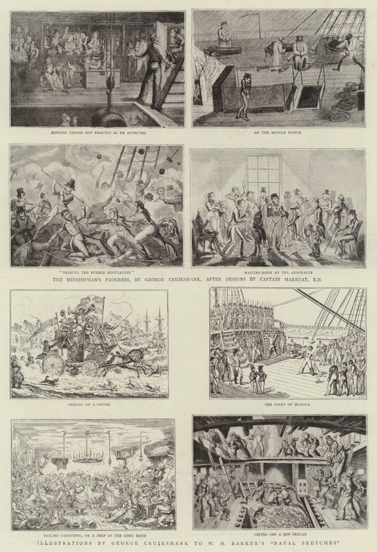 Humoristisk kunst på Royal Naval Exhibition af George Cruikshank
