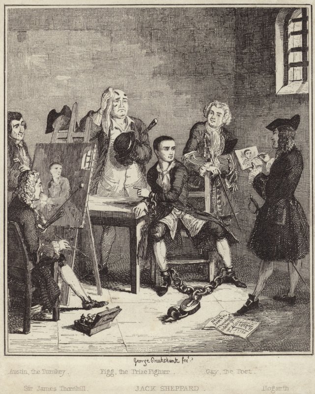 Jack Sheppard får sit portræt malet af Sir James Thornhill i fængslet af George Cruikshank