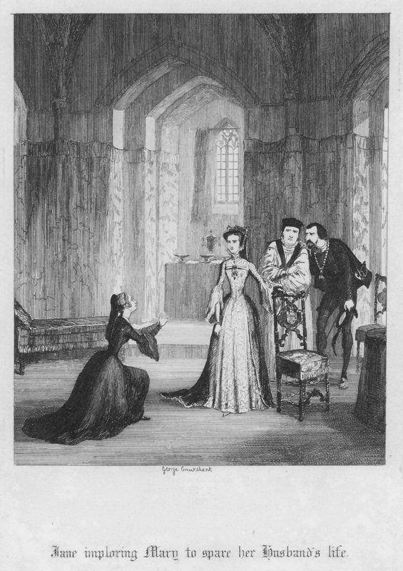 Jane bønfalder Mary om at skåne sin mands liv (gravering) af George Cruikshank