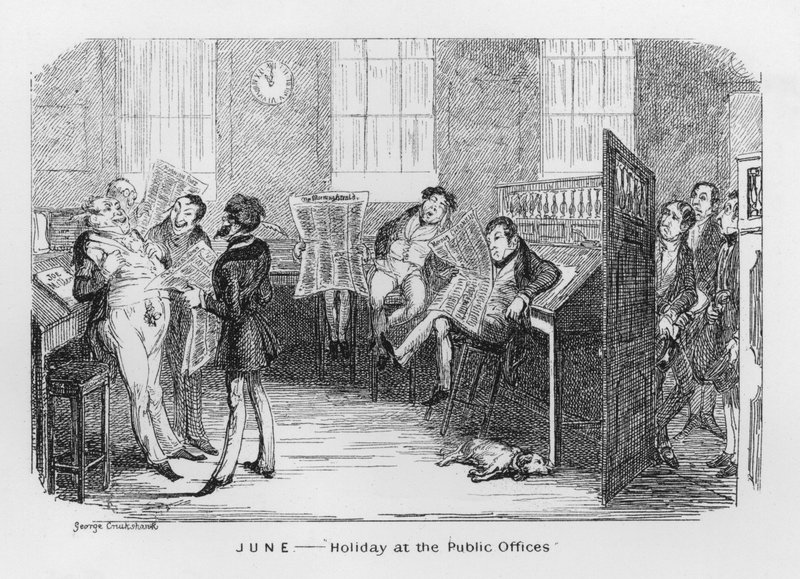 juni, ferie på de offentlige kontorer (gravering) af George Cruikshank