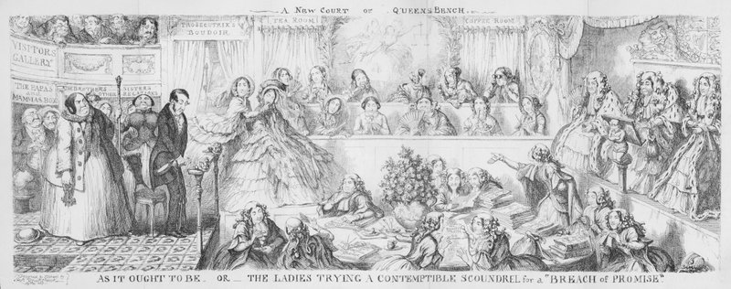 Damer, der prøver en foragtelig slyngel for et "løftebrud". (gravering) af George Cruikshank