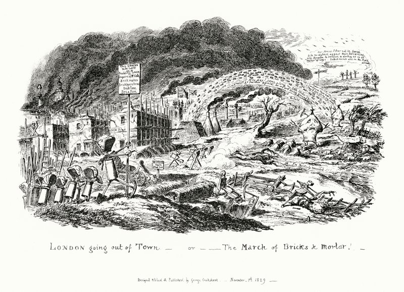 London Going Out of Town, eller March of Mursten og mørtel (gravering) af George Cruikshank
