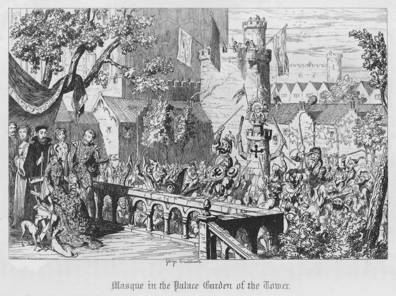 Masque i Palace Garden of the Tower (gravering) af George Cruikshank