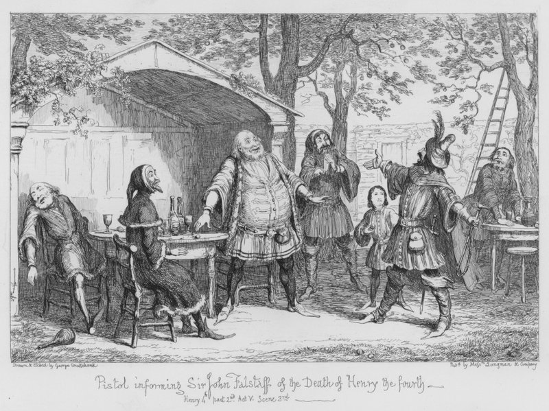 Pistol, der informerer Sir John Falstaff om Henry den fjerdes død af George Cruikshank