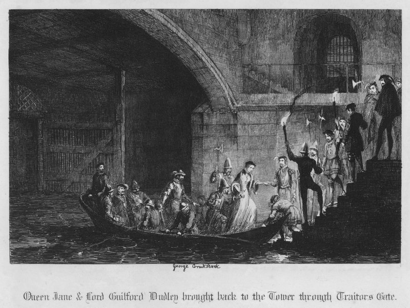 Dronning Jane og Lord Guilford Dudley bragt tilbage til tårnet gennem Traitors Gate (gravering) af George Cruikshank