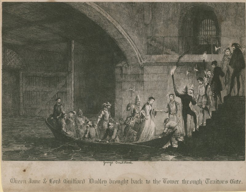 Dronning Jane og Lord Guilford Dudley bragte tilbage til Tower gennem Traitors Gate af George Cruikshank