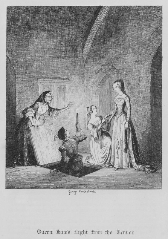 Dronning Janes flugt fra tårnet (gravering) af George Cruikshank
