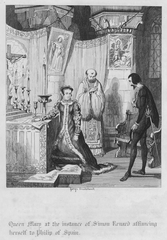 Dronning Mary i tilfælde af, at Simon Renard forlovede sig med Filip af Spanien (gravering) af George Cruikshank