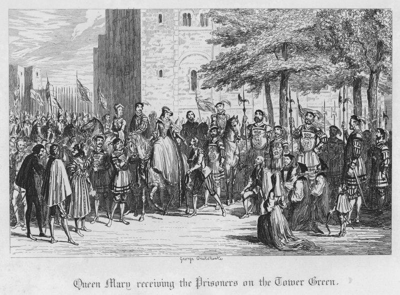 Queen Mary modtager fangerne på Tower Green (gravering) af George Cruikshank