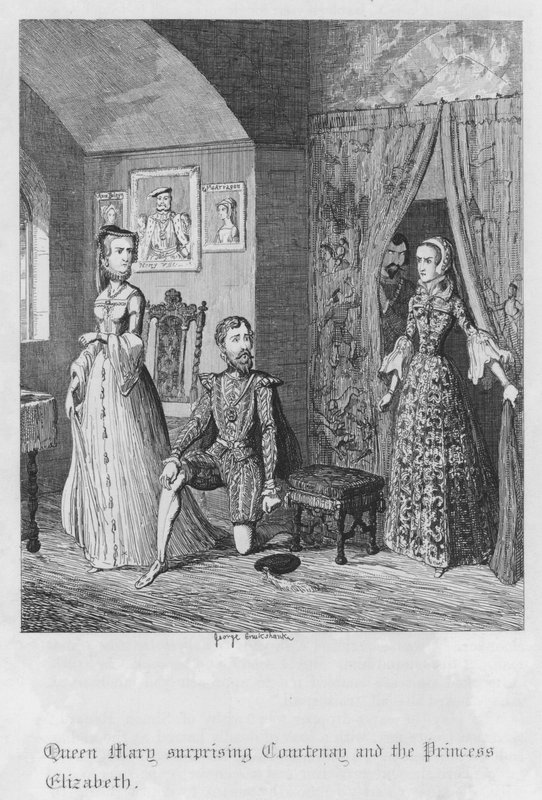 Dronning Mary overrasker Courtenay og prinsesse Elizabeth (gravering) af George Cruikshank