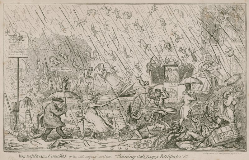 Regnende katte, hunde og højgafler af George Cruikshank