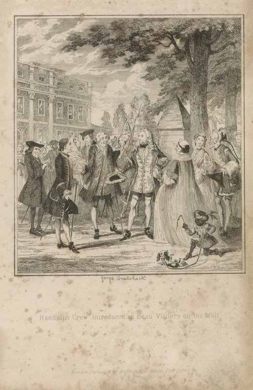 Randulph Crew introducerede til Beau Villiers på Mall af George Cruikshank