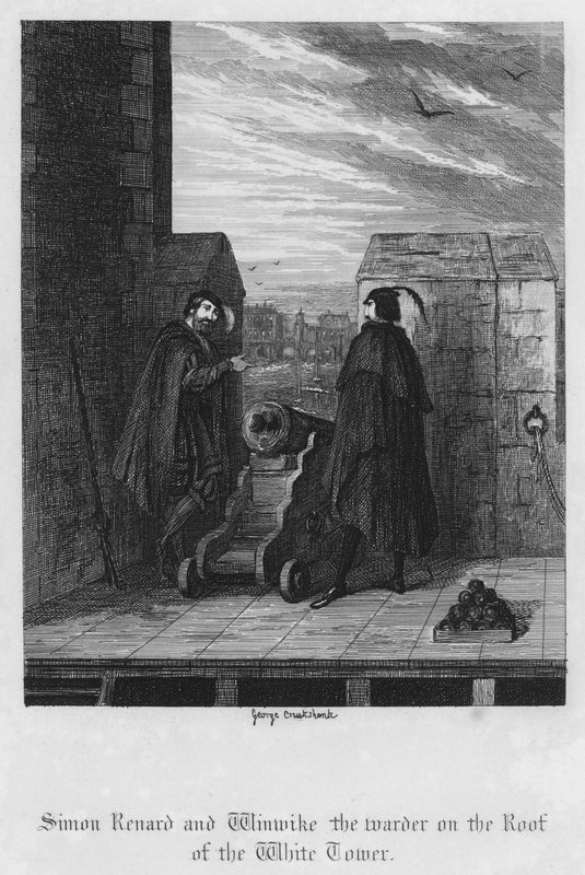 Simon Renard og vagten Winwike på taget af Det Hvide Tårn (gravering) af George Cruikshank