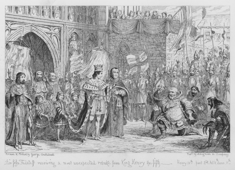 Sir John Falstaff får en uventet irettesættelse af kong Henrik den femte af George Cruikshank