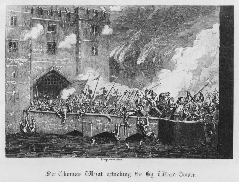 Sir Thomas Wyatt angriber Byward Tower (gravering) af George Cruikshank