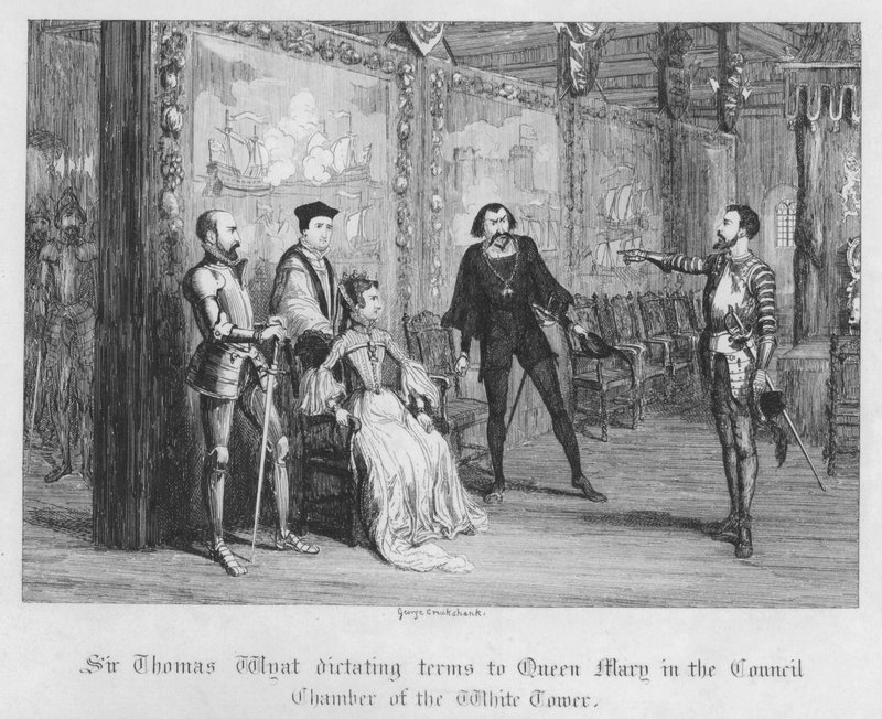 Sir Thomas Wyatt dikterer vilkår til dronning Mary i rådsalen i Det Hvide Tårn (gravering) af George Cruikshank