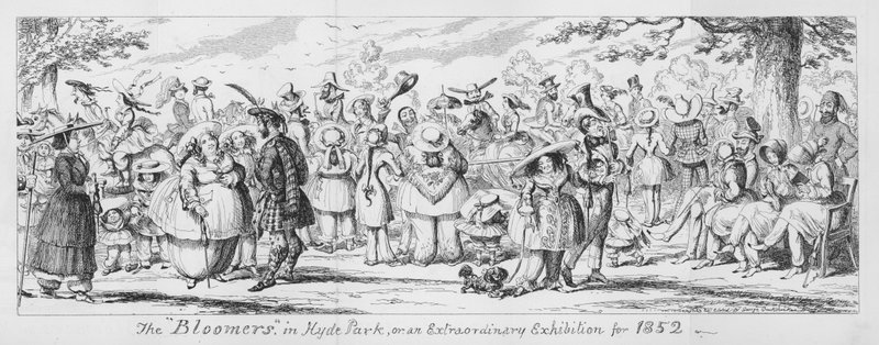 Bloomers i Hyde Park, eller en ekstraordinær udstilling for 1852 (gravering) af George Cruikshank