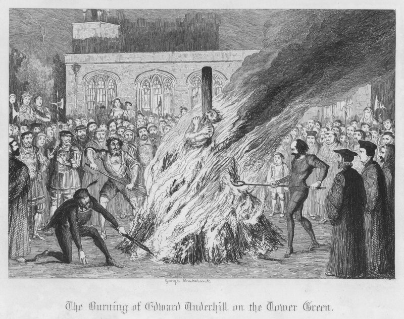 The Burning of Edward Underhill på Tower Green (gravering) af George Cruikshank