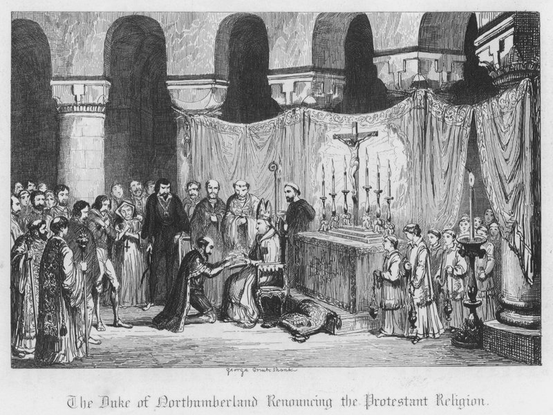 Hertugen af Northumberland giver afkald på den protestantiske religion (gravering) af George Cruikshank