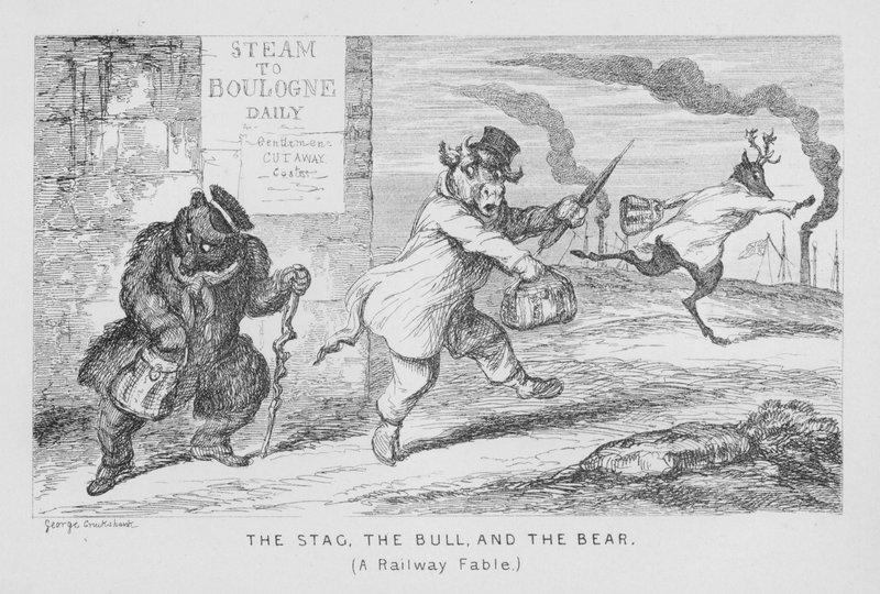 Hjorten, Tyren og Bjørnen, en jernbanefabel (gravering) af George Cruikshank