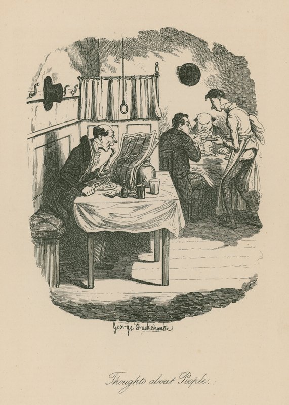 Tanker om mennesker, muligvis baseret på en scene fra Sketches af Boz (Charles Dickens) af George Cruikshank