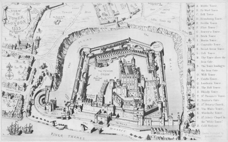 Udsigt over Tower of London i 1553 (gravering) af George Cruikshank